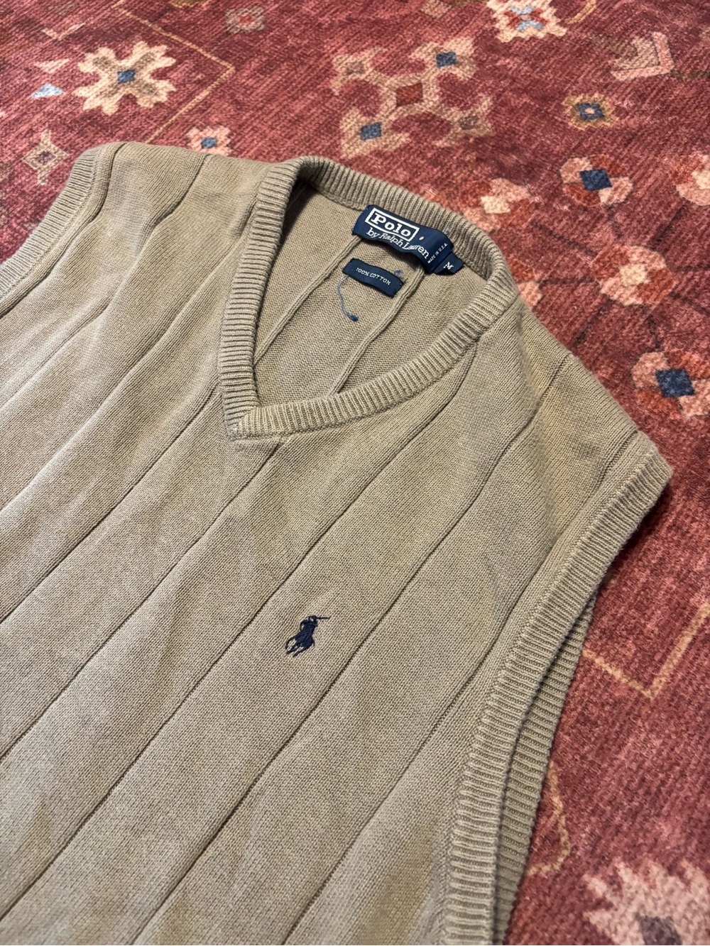 Polo by Ralph Lauren Men's Beige Cotton Knit V-Neck Sweater Vest M Logo
